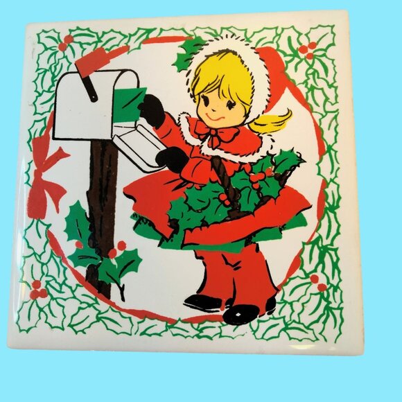 Ceramic Tile Little Girl Boy Sending Holiday Mail Vintage Christmas Trivet JASCO - Picture 2 of 7
